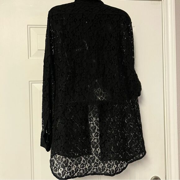 90s Calvin Klein Lace Sheer Black Button Down Tab Sleeve Oversized Tunic Shirt M - Picture 8 of 14